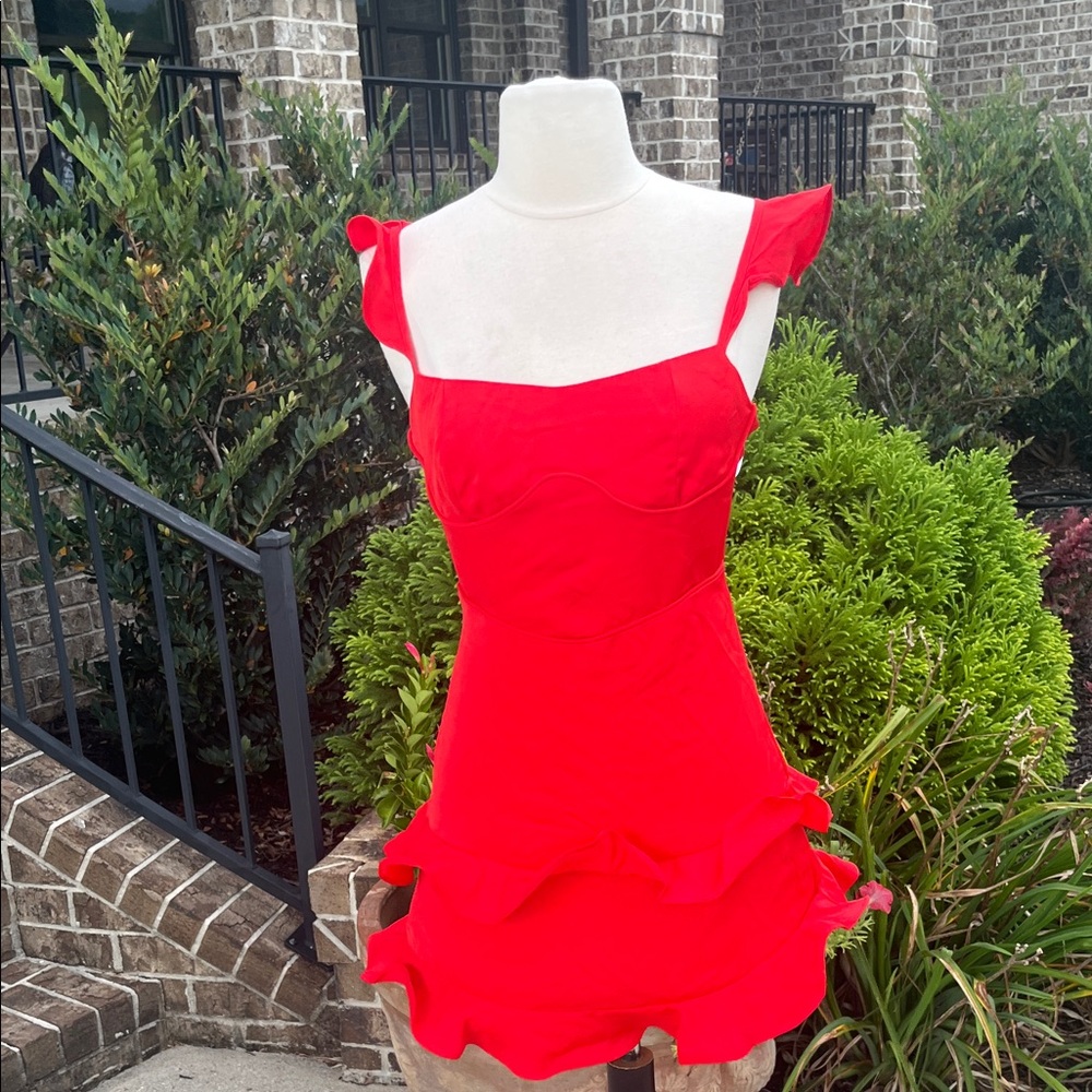 Red Flirty Flutter Sleeve Party Mini Dress New - Picture 1 of 13